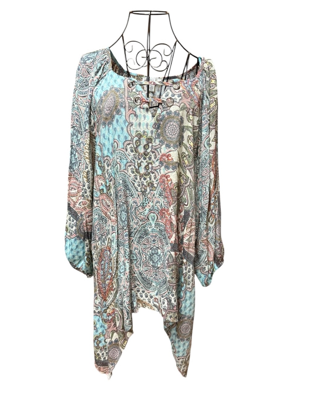 Spense Light Blue Paisley Lace-Up Boho Asymmetrical Tunic